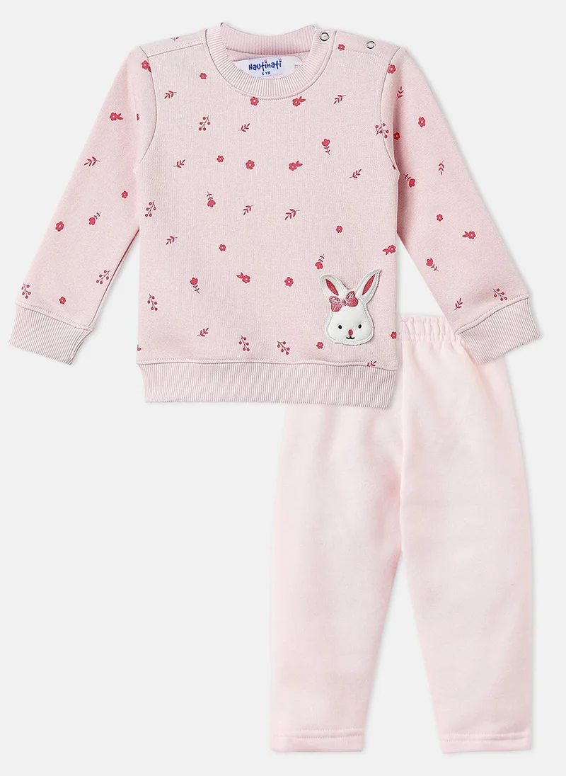 Nautinati Nautinati Pink Fleece Cat Applique Sweatshirt and Solid Joggers Co-Ord Set for Infants