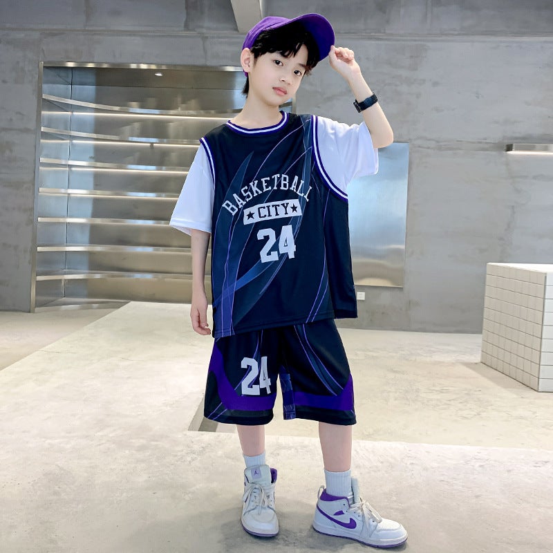 Boys' Basketball Suit Suit 2025 Summer Thin Middle And Large Children'S Sports Summer Clothes Children'S New Short-Sleeved Quick-Drying Clothes - Image 1