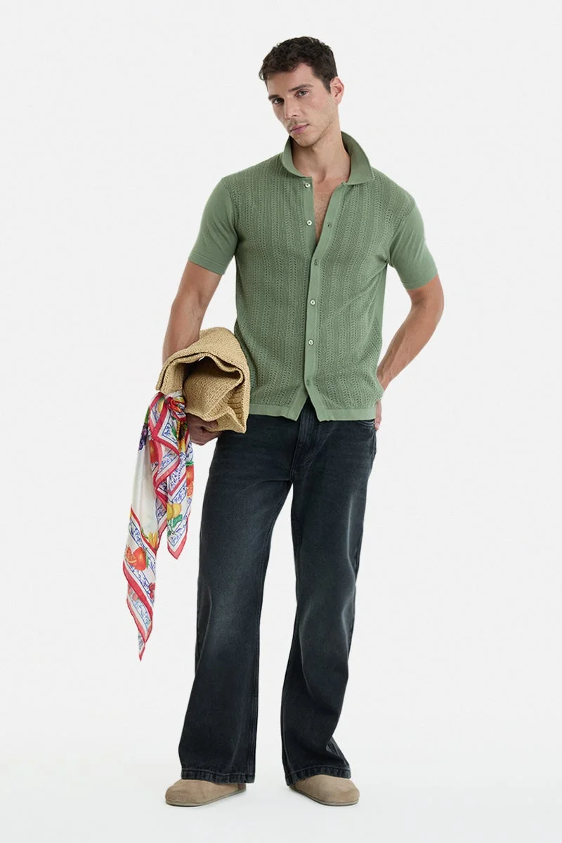 SNITCH Olive Textured Half Sleeve Regular Fit Vacation Shirt