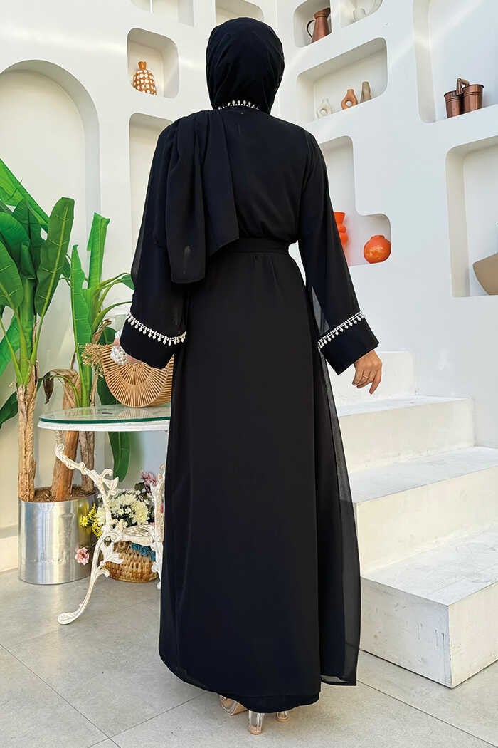 Bym Fashion Pearl Detailed Abaya Dress Set 8493 Black - Image 2