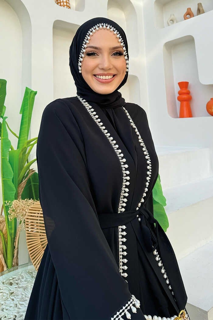 Bym Fashion Pearl Detailed Abaya Dress Set 8493 Black - Image 4