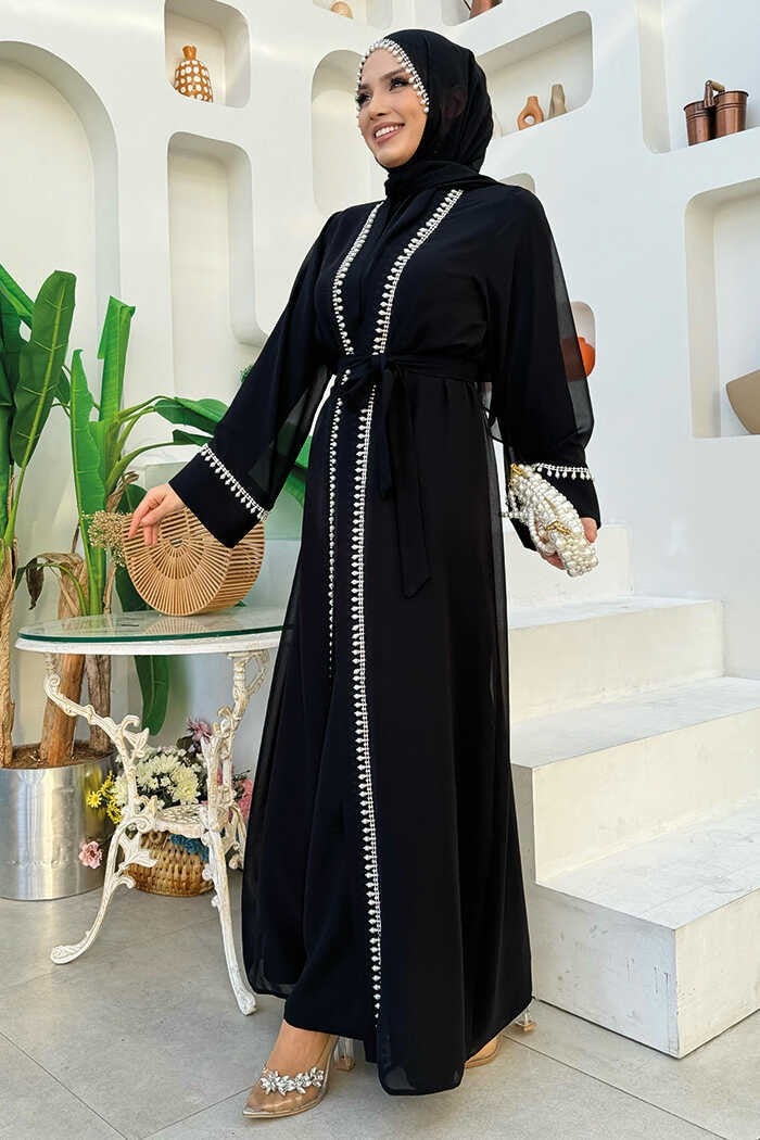 Bym Fashion Pearl Detailed Abaya Dress Set 8493 Black - Image 3