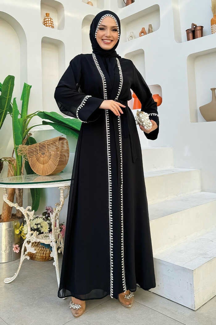 Bym Fashion Pearl Detailed Abaya Dress Set 8493 Black - Image 1