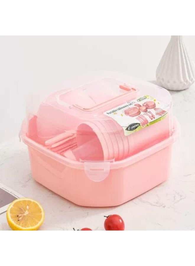 Deluxe 47-Piece Portable Picnic & Camping Tableware Set for 6 People | Reusable High-Quality Plastic | Includes Plates, Cups, Bowls & Cutlery (Spoons, Forks, Knives) | Lightweight & Stackable with Carrying Case | Multicolored - Image 3