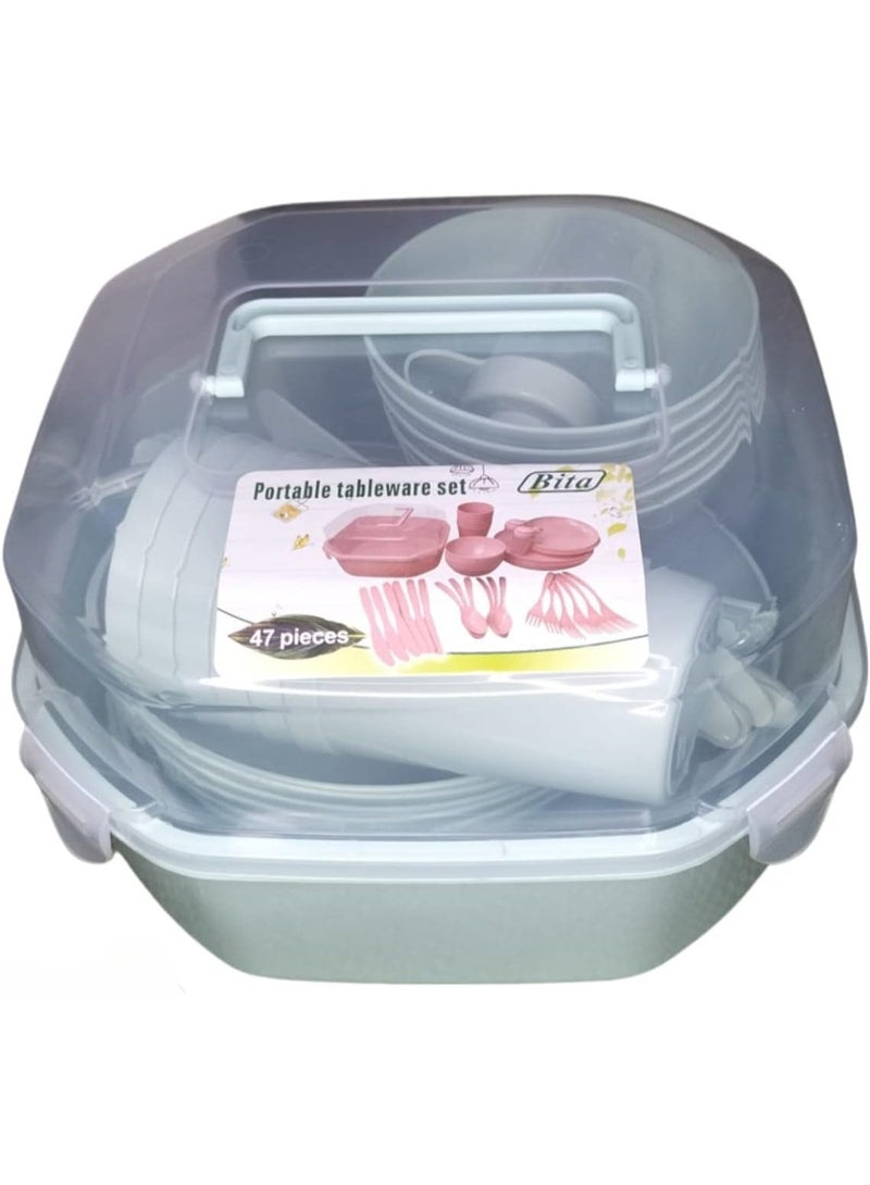 Deluxe 47-Piece Portable Picnic & Camping Tableware Set for 6 People | Reusable High-Quality Plastic | Includes Plates, Cups, Bowls & Cutlery (Spoons, Forks, Knives) | Lightweight & Stackable with Carrying Case | Multicolored - Image 5