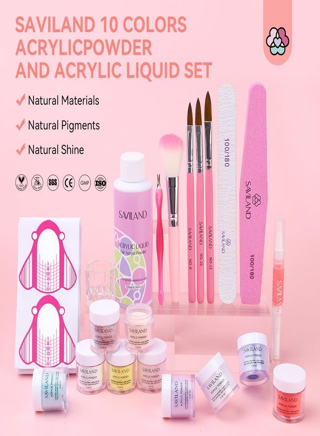 SAVILAND Acrylic Nail Set - 10 Colors Glitter Nudes Acrylic Powder and Acrylic Liquid Acrylic Nail Brushes Nail From Dappen Dish Cuticle Oil Manicure Tools for Acrylic Application at Home & Salon Use - Image 2