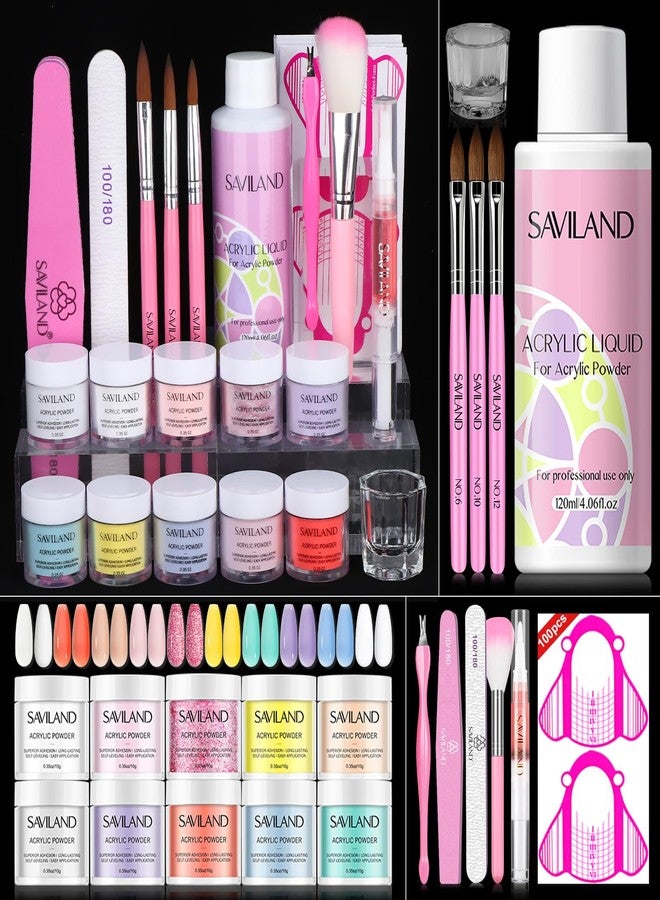 SAVILAND Acrylic Nail Set - 10 Colors Glitter Nudes Acrylic Powder and Acrylic Liquid Acrylic Nail Brushes Nail From Dappen Dish Cuticle Oil Manicure Tools for Acrylic Application at Home & Salon Use - Image 1