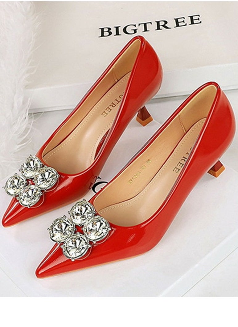 BIGTREE Women's Closed Pointed Toe Stiletto Pump Rhinestone Decoration Mid Heels Red 5.5 CM  - Image 1