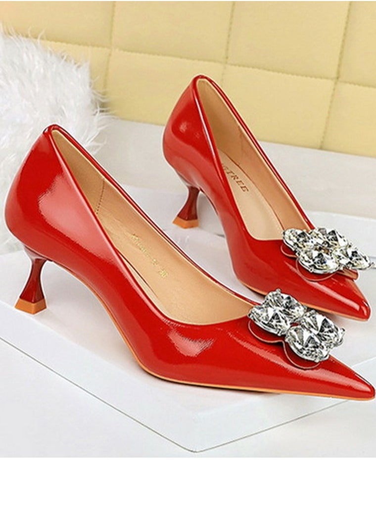 BIGTREE Women's Closed Pointed Toe Stiletto Pump Rhinestone Decoration Mid Heels Red 5.5 CM  - Image 2