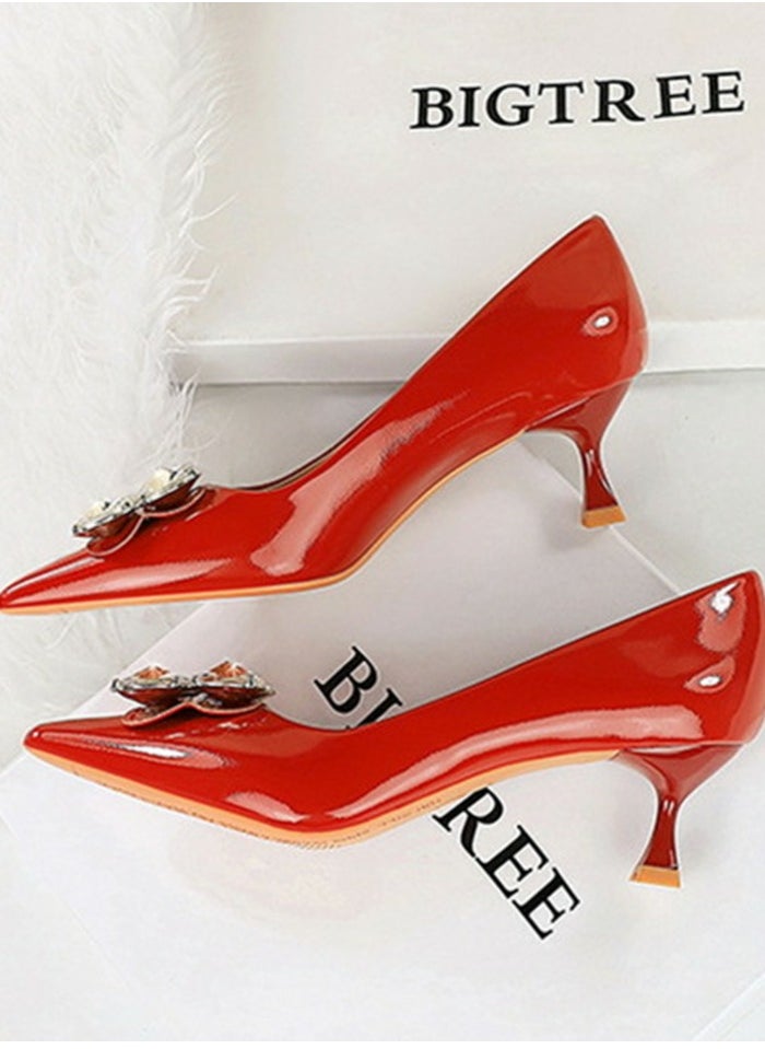 BIGTREE Women's Closed Pointed Toe Stiletto Pump Rhinestone Decoration Mid Heels Red 5.5 CM  - Image 3