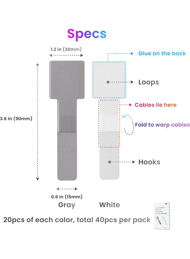THUGFIT Self Adhesive Cable Ties Hook Loop Desk Cord Organizers for Home Office Reusable Wire Managers for Cable Management