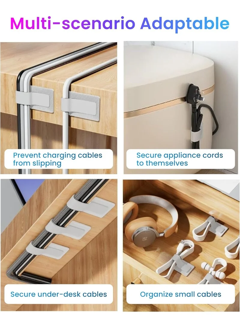 ثوجفيت تخلص من فوضى الأسلاك المتشابكة خلف مكتبك أو جهاز التلفاز مع منظم الكابلات المتطور. يجمع هذا المنتج بين قوة النسيج اللاصق (Hook & Loop) والقاعدة اللاصقة القوية، مما يمنحك ترتيباً مثالياً في ثوانٍ.
