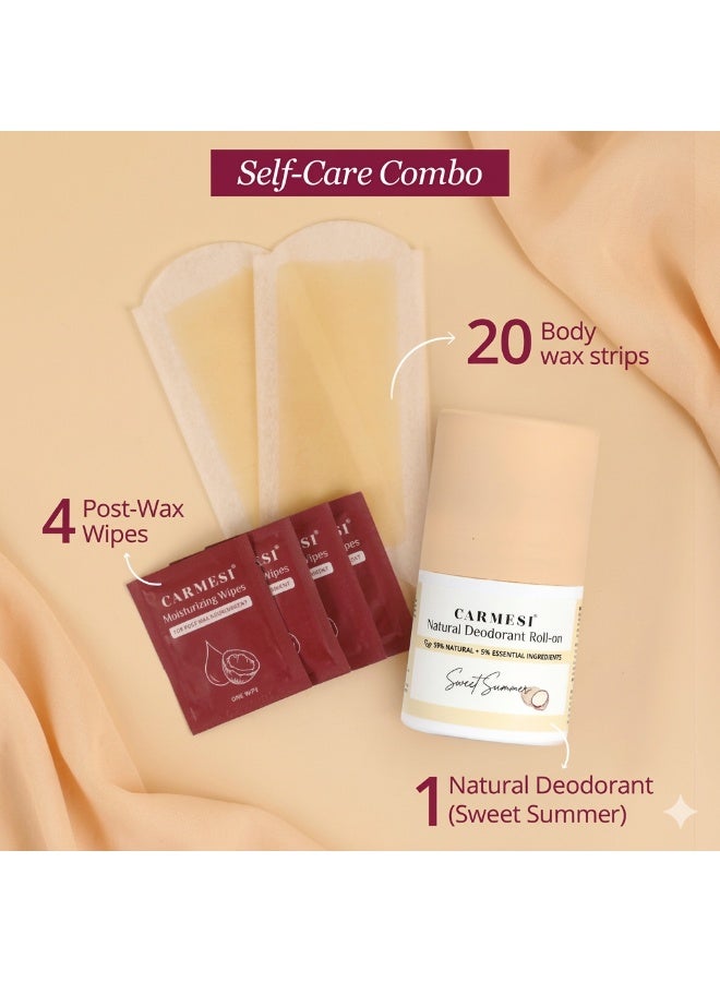 Carmesi 1 Natural Underarm Deodorant Roll On for Women (Sweet Summer), 50ml + Deep Nourish Body Wax Strips (20 strips, 4 post-wax wipes) | For Fresh Underarms All Day | Cold Waxing - Image 2