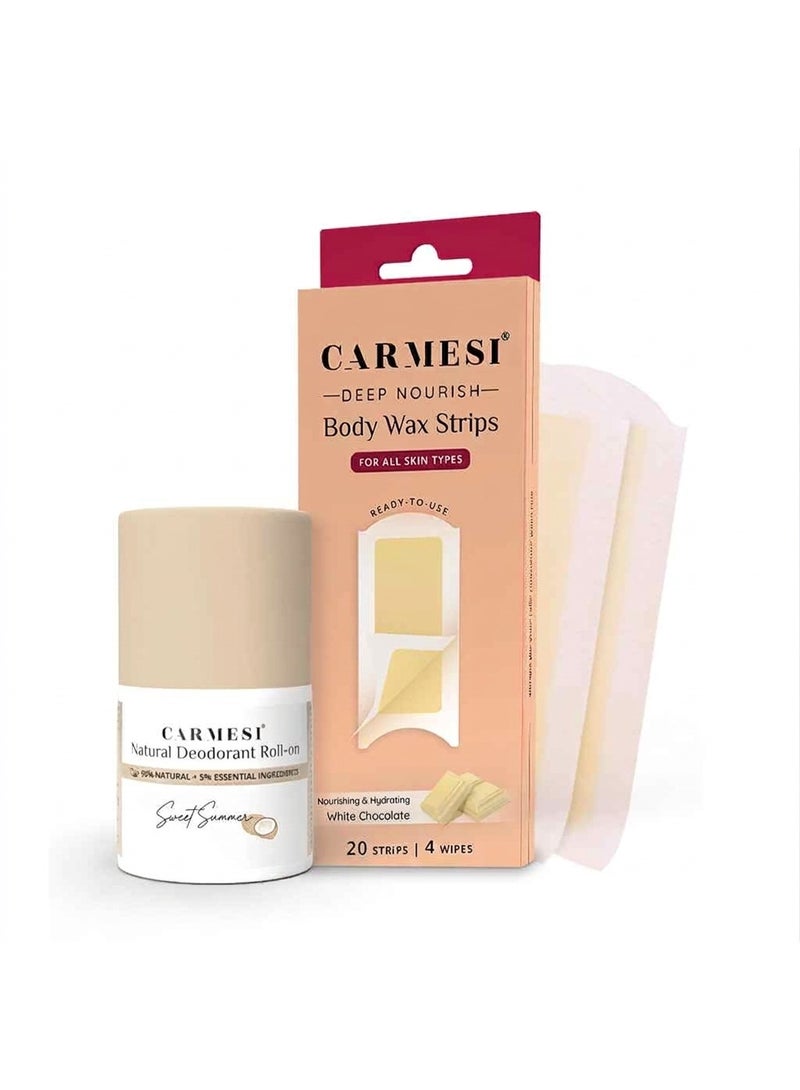 Carmesi 1 Natural Underarm Deodorant Roll On for Women (Sweet Summer), 50ml + Deep Nourish Body Wax Strips (20 strips, 4 post-wax wipes) | For Fresh Underarms All Day | Cold Waxing - Image 1