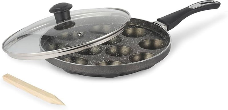 Variety Non-Stick Heavy 12 Cavity APPAM (Spatter Finish) Glass LID (Hammer Tone Coated) with Glass Lid 0.5 L Capacity 21 cm Diameter (Aluminium, Non-Stick)  - Image 2