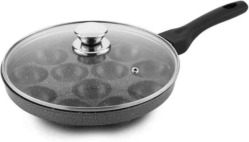 Variety Non-Stick Heavy 12 Cavity APPAM (Spatter Finish) Glass LID (Hammer Tone Coated) with Glass Lid 0.5 L Capacity 21 cm Diameter (Aluminium, Non-Stick)  - Image 1