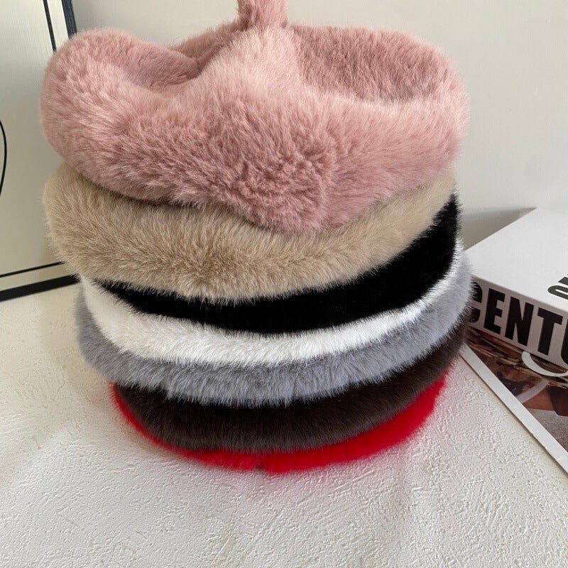 Faux Fur Beret Unisex Winter Octagonal Painter Hat Faux Mink Fur - Image 3