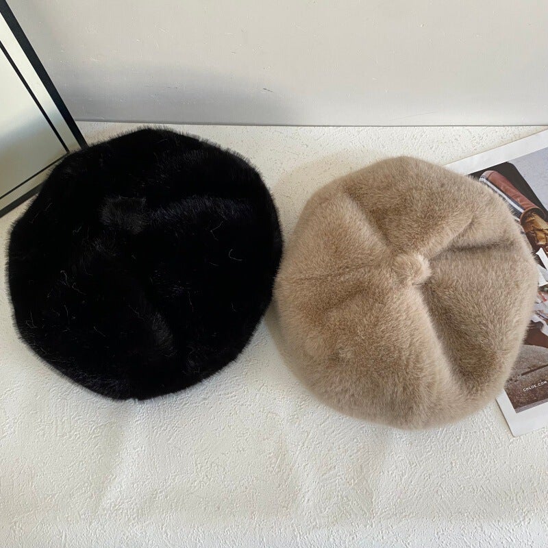 Faux Fur Beret Unisex Winter Octagonal Painter Hat Faux Mink Fur - Image 4