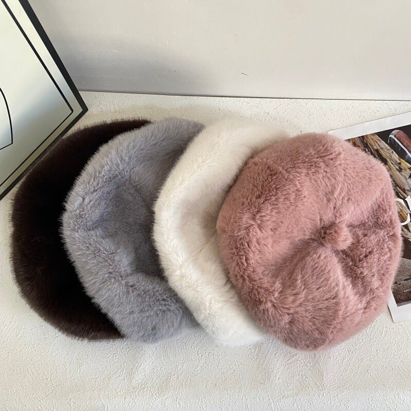 Faux Fur Beret Unisex Winter Octagonal Painter Hat Faux Mink Fur - Image 2