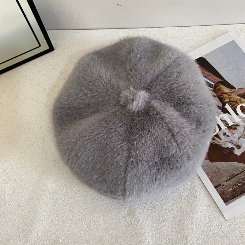 Faux Fur Beret Unisex Winter Octagonal Painter Hat Faux Mink Fur - Image 1