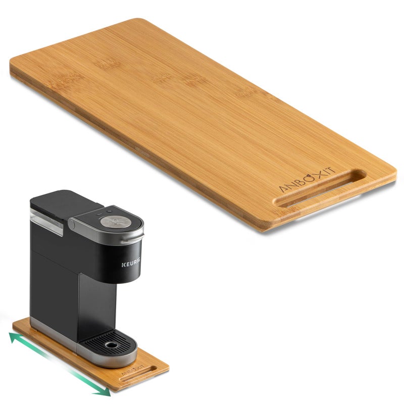 ANBOXIT Bamboo Appliance Slider, Sliding Tray for Coffee Maker, Kitchen Countertop Appliance Rolling Tray, Coffee Pot Slider Tray with Rubber Wheels, Deep - Small (14"D x 6"W) - Image 1
