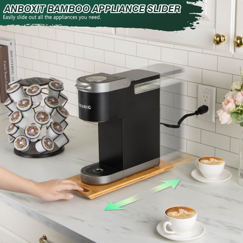 ANBOXIT Bamboo Appliance Slider, Sliding Tray for Coffee Maker, Kitchen Countertop Appliance Rolling Tray, Coffee Pot Slider Tray with Rubber Wheels, Deep - Small (14"D x 6"W) - Image 2