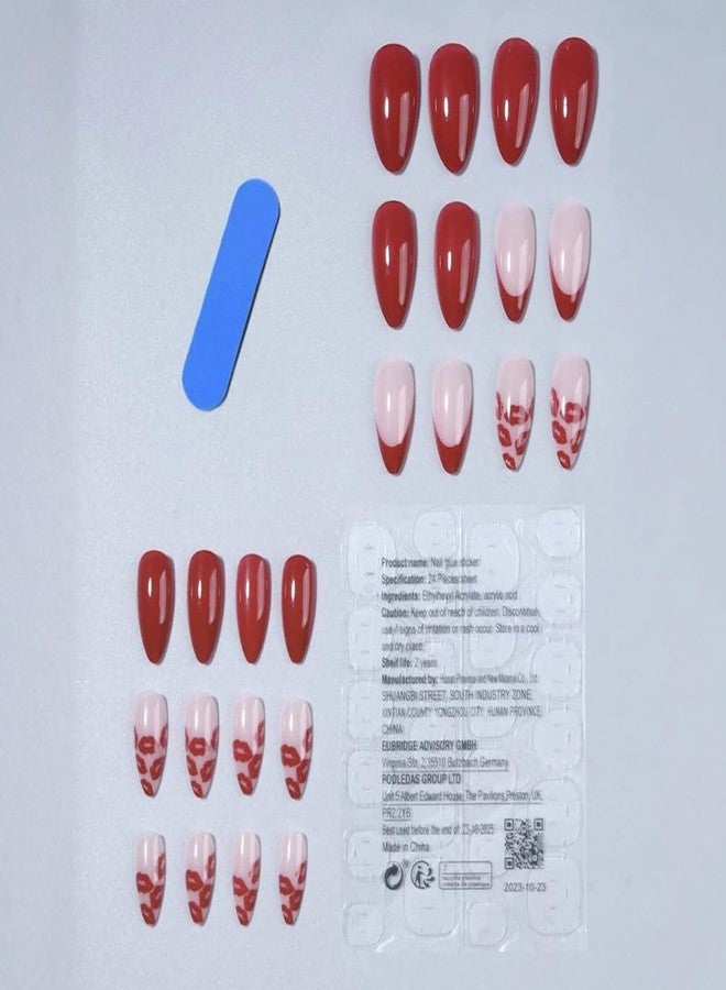 Hrnsnails Valentines Press On Nails Almond Medium, Valentines Fake Nails with Red French Lip Print Design,Artificial Valentines Nails Stick On Nails for Women-24Pcs - Image 3