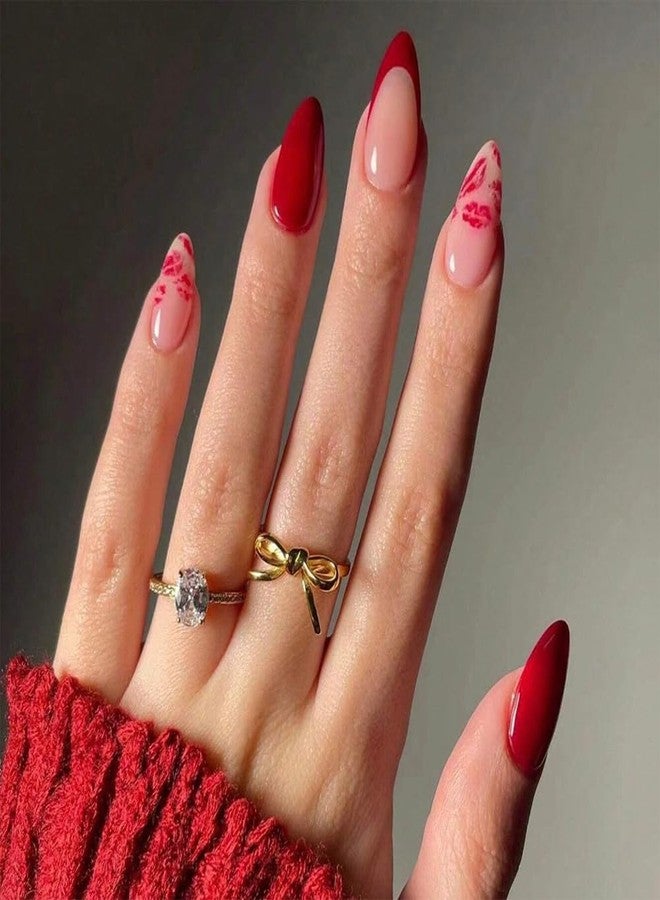 Hrnsnails Valentines Press On Nails Almond Medium, Valentines Fake Nails with Red French Lip Print Design,Artificial Valentines Nails Stick On Nails for Women-24Pcs - Image 1