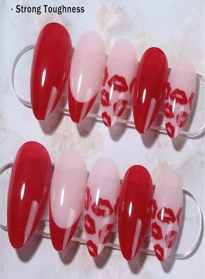 Hrnsnails Valentines Press On Nails Almond Medium, Valentines Fake Nails with Red French Lip Print Design,Artificial Valentines Nails Stick On Nails for Women-24Pcs - Image 4