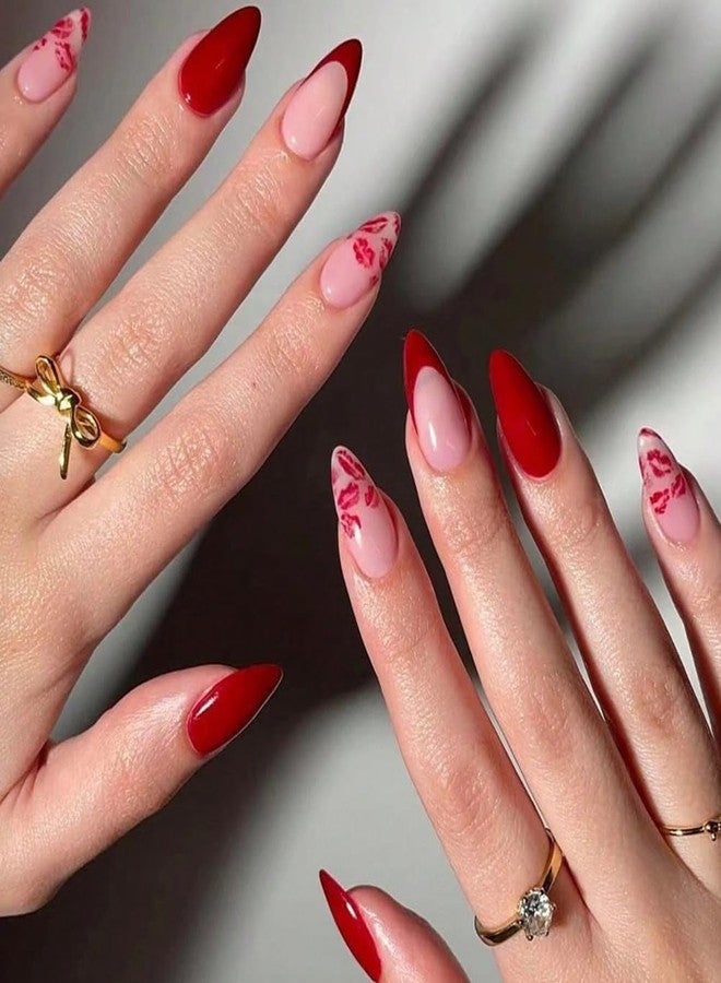 Hrnsnails Valentines Press On Nails Almond Medium, Valentines Fake Nails with Red French Lip Print Design,Artificial Valentines Nails Stick On Nails for Women-24Pcs - Image 2