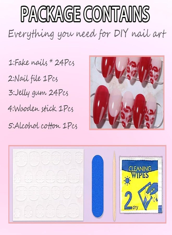 Hrnsnails Valentines Press On Nails Almond Medium, Valentines Fake Nails with Red French Lip Print Design,Artificial Valentines Nails Stick On Nails for Women-24Pcs - Image 5