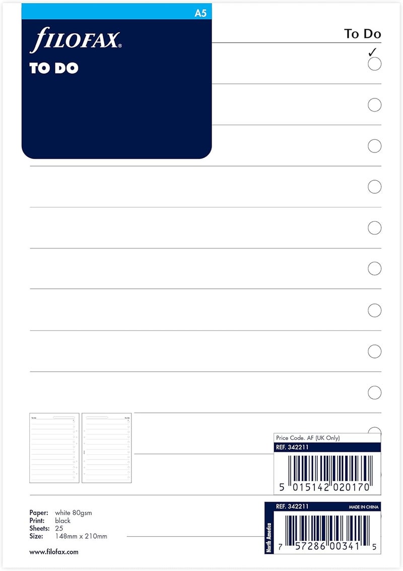 FILOFAX فيلوفاكس A5 إعادة تعبئة ورق المهام - 25 ورقة للمنظمين - Image 1