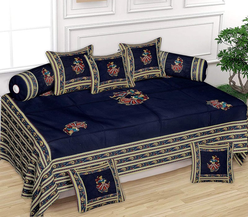ManavRachit Cotton Patch Work Lady Print 210 TC Diwan Set of 8pc 88X60 Inch Bedsheet 16x16inch 2 Cushion Covers 15x31 inch 5 Bolster Covers for Hotel Home and Living Room Blue - Image 1