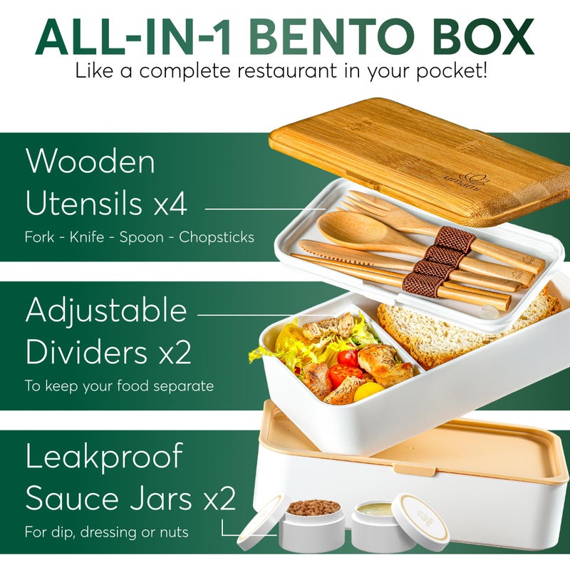 Umami Bento Box Adult Lunch Box | All You Need for Lunch On-the-Go Needs | Premium Stackable Bento Lunch Box for Adults w/Utensil Set, Sauce Containers, Compartments & Real Bamboo Lid - Image 2