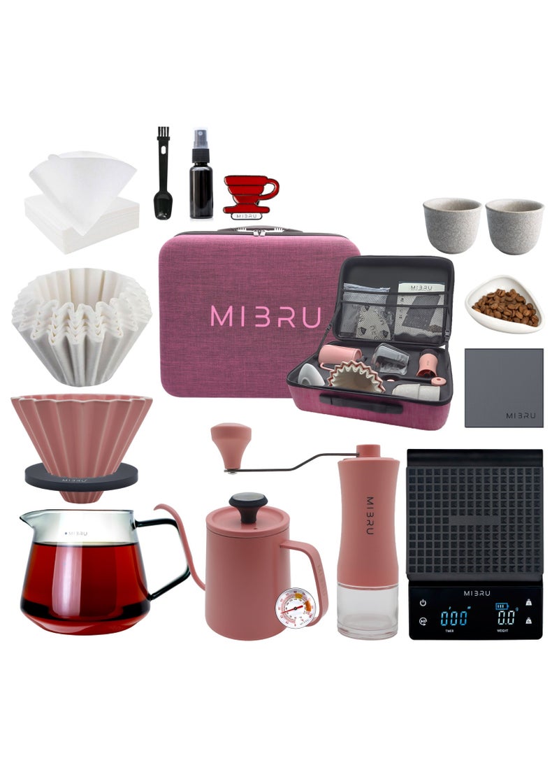 MIBRU V60 Pour Over Premium Coffee Maker Bag Coffee Set 14pcs with Coffee Drip thermometer , Coffee Bean Weighing Tray, Coffee Bean Grinder, Coffee Bean Spray Bottle, Coffee Spoon, Coffee Paper Filter, Coffee Drip Filter, Coffee Share Pot, Hand Drip Gooseneck Pot, Coffee Dripping Pot Restrictor Nozzle, Coffee Cup, Coffee Cleaning Tools Set,Coffee Brewer,Coffee Hand Drip Table Kitchen Camping  - Image 1