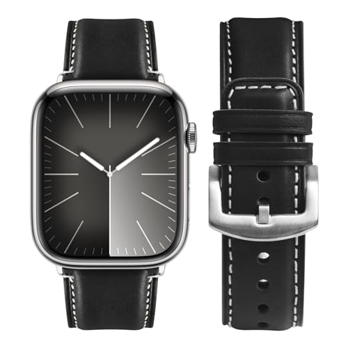 Fullmosa Leather Bands Compatible with Apple Watch Band 42mm 44mm 45mm 49mm,Yola Leather Bracelet Apple Watch Band Compatible for iWatch Ultra 2 Ultra SE2 SE Series 9 8 7 6 5 4 3 2 1,Black - Image 1