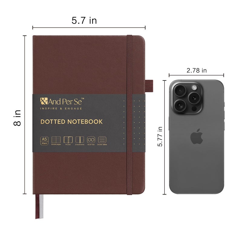 &And Per Se Dotted Journal Notebook A5 غلاف مقوى من الجلد مجلة منقط 160 صفحة ورق سميك 100 جرام لكل متر مربع 3 أوراق من الملصقات متضمنة - 5.7 بوصة × 8 بوصة (شوكولاتة) - Image 2