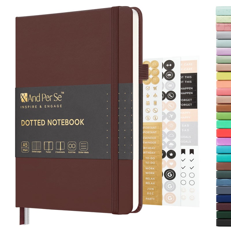 &And Per Se Dotted Journal Notebook A5 غلاف مقوى من الجلد مجلة منقط 160 صفحة ورق سميك 100 جرام لكل متر مربع 3 أوراق من الملصقات متضمنة - 5.7 بوصة × 8 بوصة (شوكولاتة) - Image 1