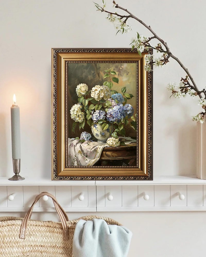 KBKBART Vintage Framed Wall Art for Living Room - Moody Blue and White Hydrangeas Flower Canvas Oil Painting Prints for Wall Decor, Classical Floral Wall Decor, Antique Botanical Art Print for Bedroom Bathroom Wall Pictures Artwork, 12"x 16" - Image 4