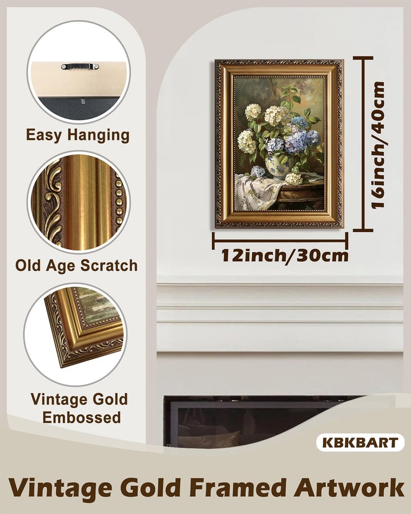 KBKBART Vintage Framed Wall Art for Living Room - Moody Blue and White Hydrangeas Flower Canvas Oil Painting Prints for Wall Decor, Classical Floral Wall Decor, Antique Botanical Art Print for Bedroom Bathroom Wall Pictures Artwork, 12"x 16" - Image 2