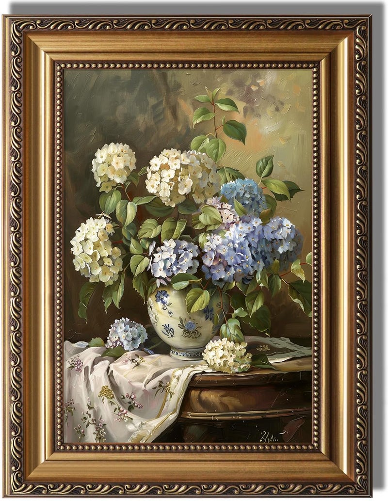 KBKBART Vintage Framed Wall Art for Living Room - Moody Blue and White Hydrangeas Flower Canvas Oil Painting Prints for Wall Decor, Classical Floral Wall Decor, Antique Botanical Art Print for Bedroom Bathroom Wall Pictures Artwork, 12"x 16" - Image 1