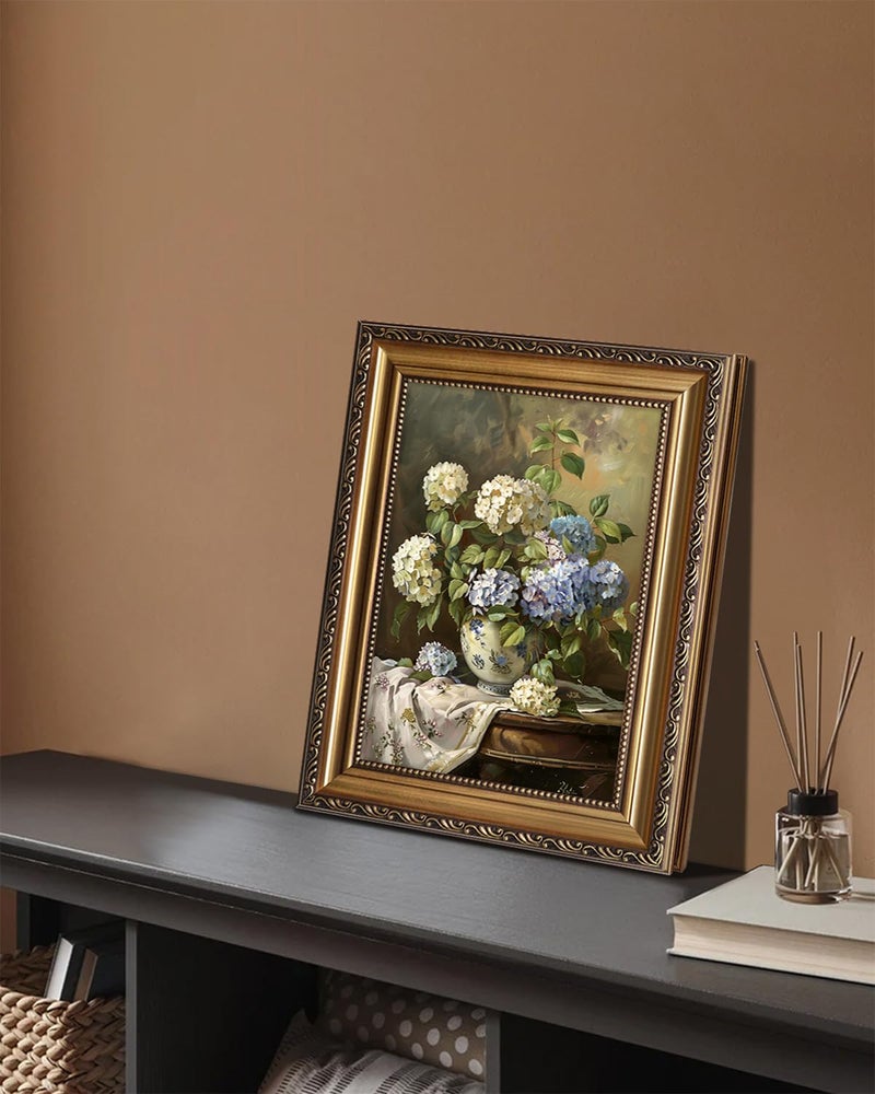 KBKBART Vintage Framed Wall Art for Living Room - Moody Blue and White Hydrangeas Flower Canvas Oil Painting Prints for Wall Decor, Classical Floral Wall Decor, Antique Botanical Art Print for Bedroom Bathroom Wall Pictures Artwork, 12"x 16" - Image 3