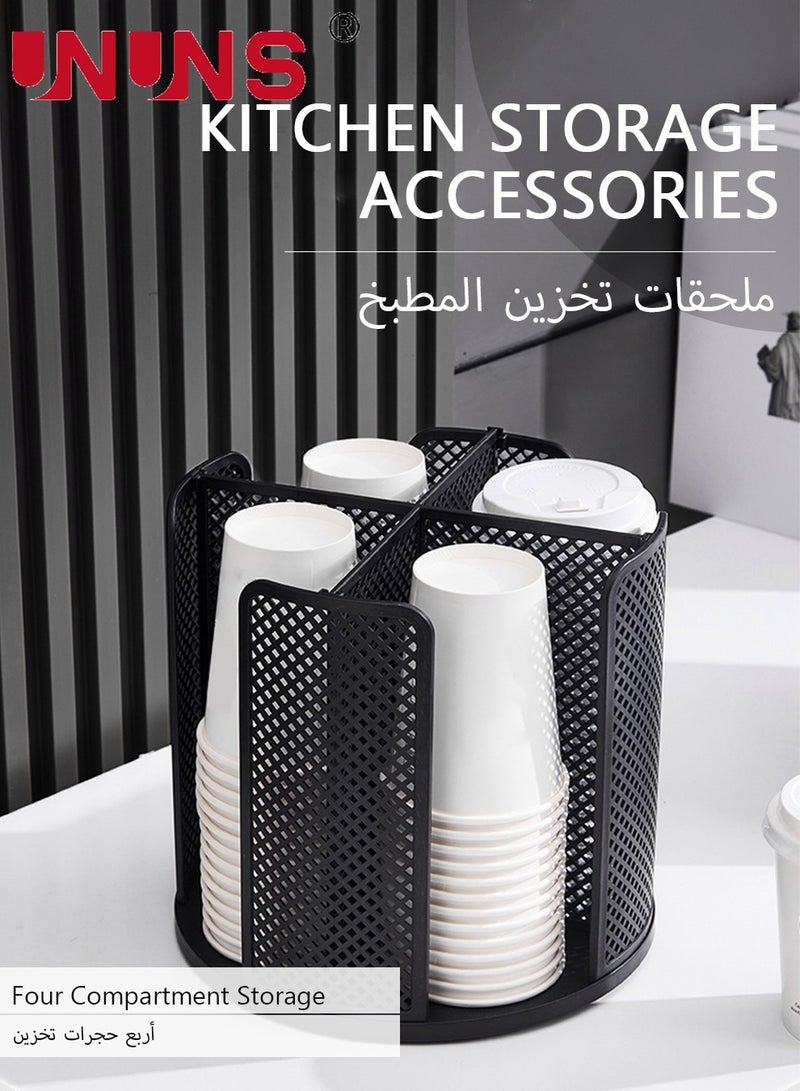 يو إن يو إن أس وحدة تخزين أكواب للاستعمال مرة واحدة، حامل منظم لتخزين فناجين القهوة والغطاء يدور 360 درجة، 4 أقسام، أسود، موزع أكواب ورقية - Image 2