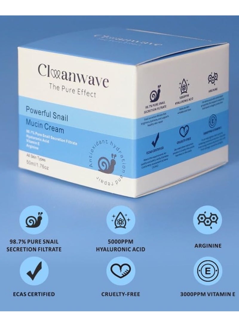 CleanWave - The Pure Effect Powerful 98.7% Snail Mucin Cream, Day and Night Moisturizer for Face, with Snail Mucin, 5000PPM Hyaluronic Acid, 3000PPM Vitamin E and ARGININE, For Dry And Sensitive Skin,All Skin Types  - Image 5