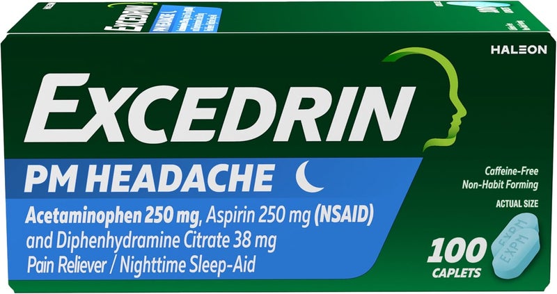 EXCEDRIN إكستدرين بي إم لتخفيف الصداع أسيتامينوفين 250 ملغ أسبرين 250 ملغ ديفينهيدرامين سترات 38 ملغ مسكن آلام مساعد على النوم ليلاً 100 حبة - Image 1