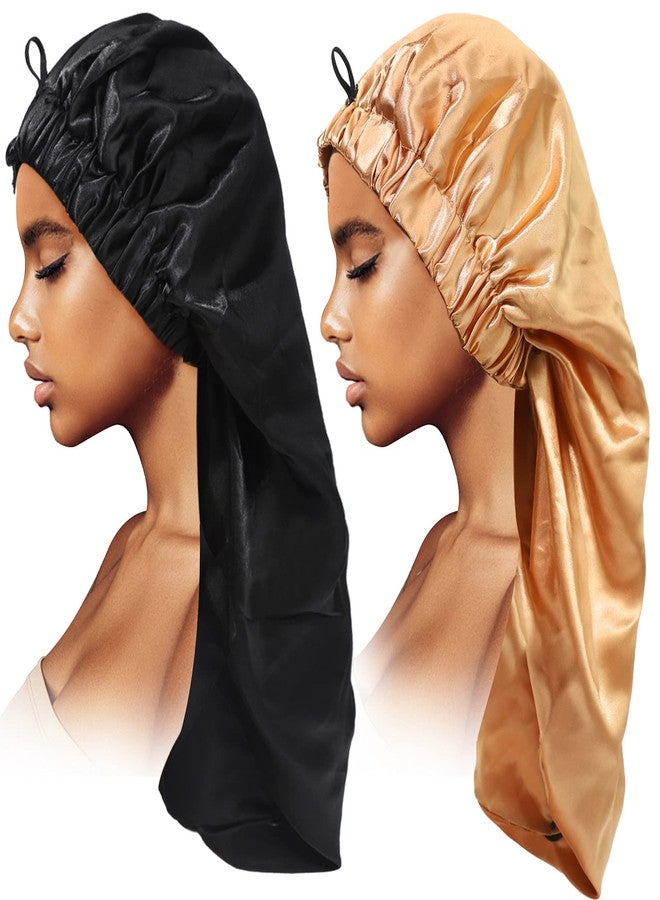 Loccmat 2PCS Satin Hair Braid Bonnet, Extra Long Foldable Bonnet with Button, Single Layer Sleep Cap for Black Women & Dreadlocks (Black+Khaki) - Image 5