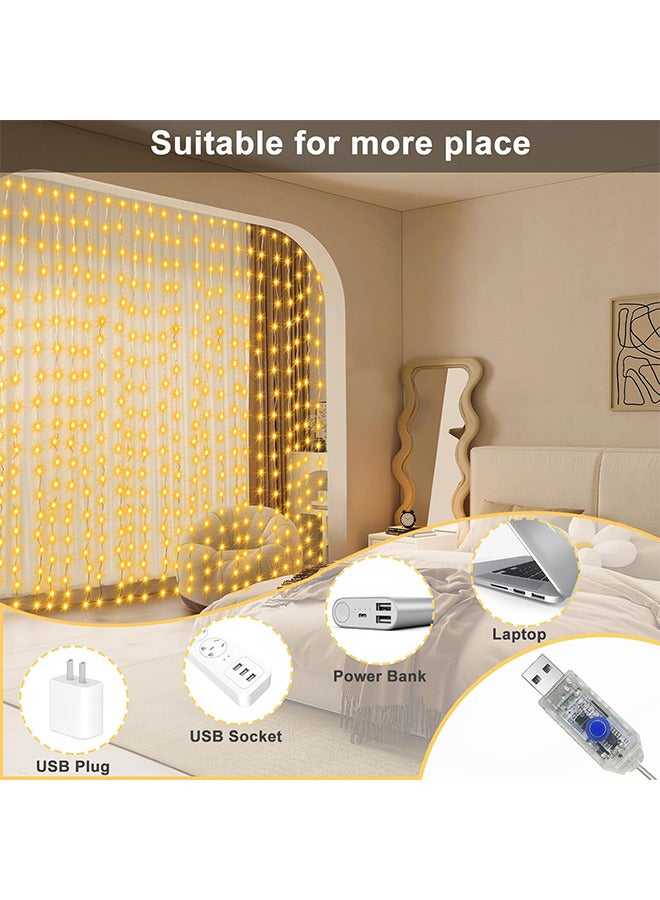 300 LED Fairy Curtain Lights with Remote Timer, USB Powered Copper Curtain String Lights 9.8Ft x 9.8Ft for Bedroom Window Wedding Decor (Warm White) - Image 5