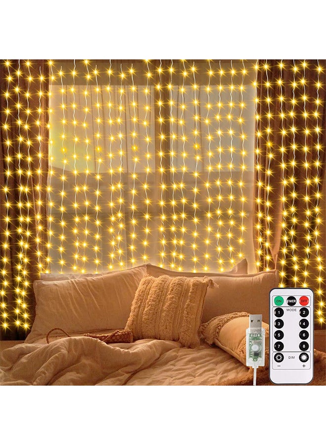 300 LED Fairy Curtain Lights with Remote Timer, USB Powered Copper Curtain String Lights 9.8Ft x 9.8Ft for Bedroom Window Wedding Decor (Warm White) - Image 1