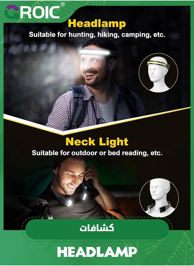 GROIC - Headlamp, LED Head Lamp & Neck Light USB C Rechargeable, Super Bright 260°Wide-Beam and 3 Modes Lighting, IPX45 Waterproof Head Flashlight for Camping Hiking Repairing Reading - Image 1
