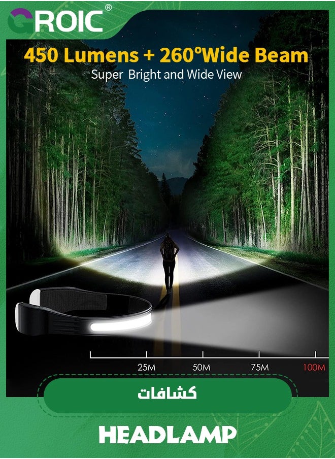 GROIC - Headlamp, LED Head Lamp & Neck Light USB C Rechargeable, Super Bright 260°Wide-Beam and 3 Modes Lighting, IPX45 Waterproof Head Flashlight for Camping Hiking Repairing Reading - Image 1
